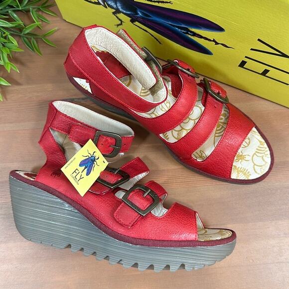 FLY London Yorn Leather Buckle Wedges Sandals Size 38 - Picture 2 of 12